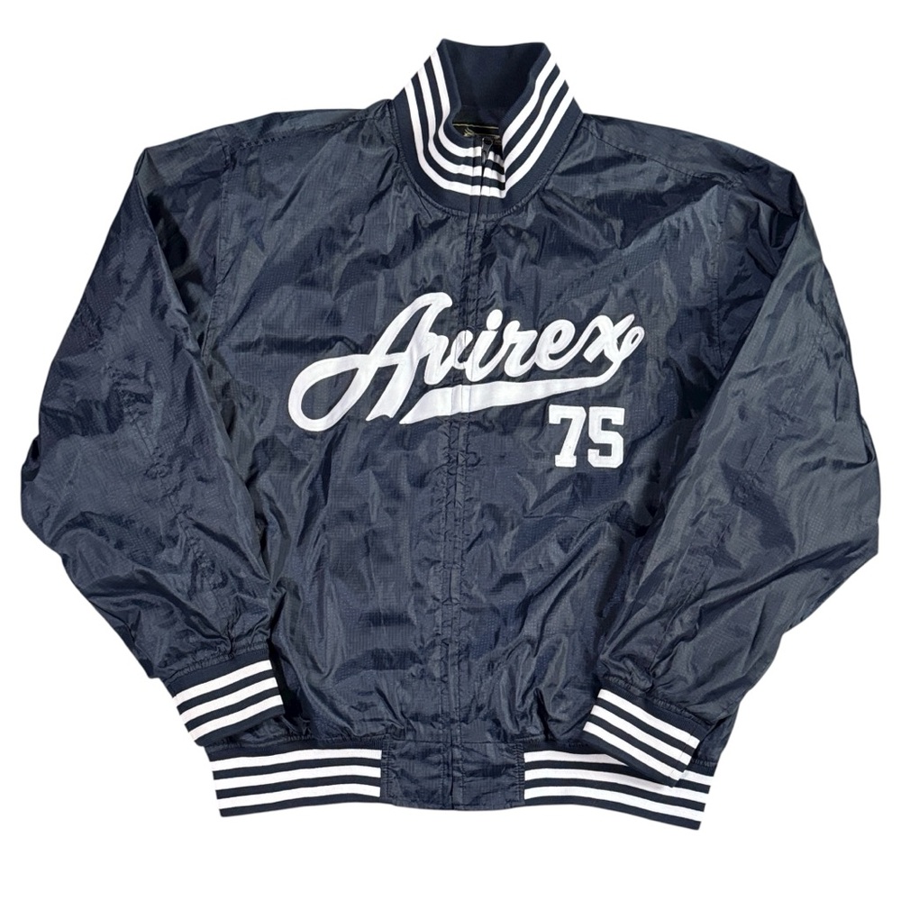 Vintage Y2K Avirex Spelled Out Print Varsity Bomber Jacket Navy Men’s XL